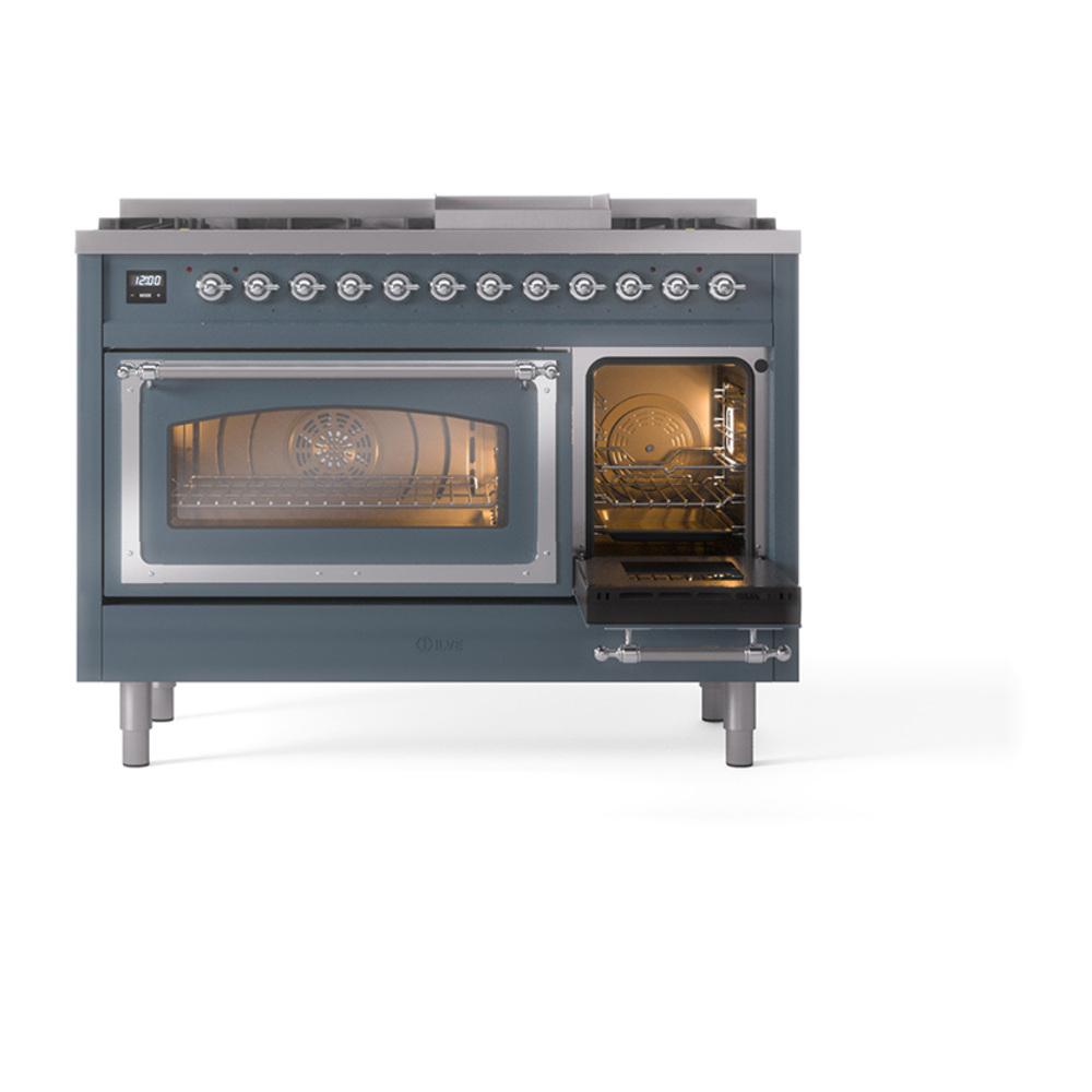 Ilve UN48FNMPBGCLP Ilve Un48Fnmpbgclp Nostalgie Ii Noblesse 48" Dual Fuel Range (8 Sealed Burners + Griddle, Liquid Propane, Triple Glass Door, Blue Grey, Chrome)