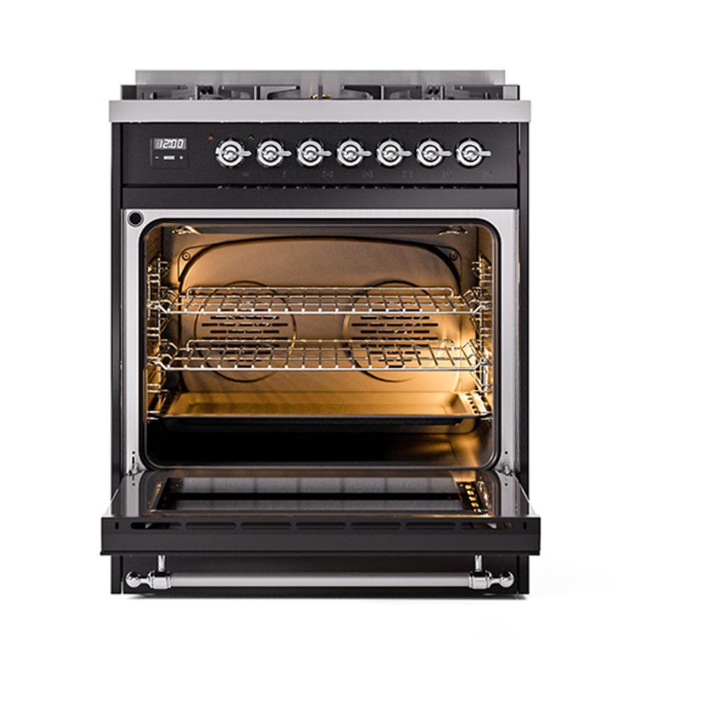 Ilve UN30QNMPBKC Ilve Un30Qnmpbkc Nostalgie Ii Noblesse 30" Dual Fuel Range (Natural Gas, Solid Door, Glossy Black, Chrome)