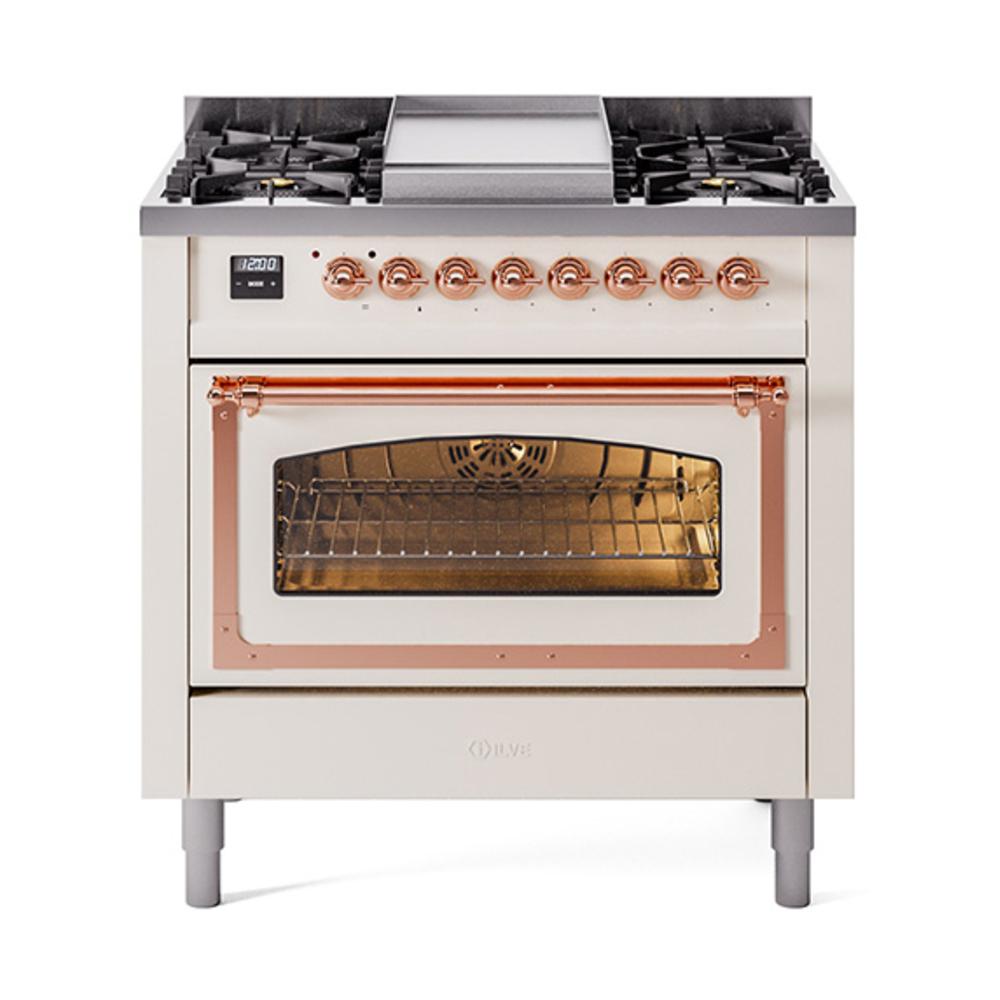 Ilve UN36FNMPAWP Ilve Un36Fnmpawp Nostalgie Ii Noblesse 36" Dual Fuel Range (Natural Gas, Triple Glass Door, Antique White, Copper)