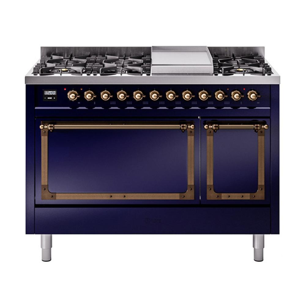 Ilve UN48FQNMPMBB Ilve Un48Fqnmpmbb Nostalgie Ii Noblesse 48" Dual Fuel Range (8 Sealed Burners + Griddle, Natural Gas, Solid Door, Midnight Blue, Burnished)