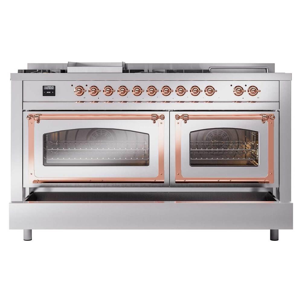 Ilve UN60FSNMPSSPLP Ilve Un60Fsnmpssplp Nostalgie Ii Noblesse 60" Dual Fuel Range (7 Sealed Burners + Griddle + French Top, Liquid Propane, Triple Glass Door, Stainless Steel, Copper)