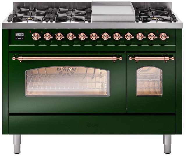Ilve UP48FNMPEGP Nostalgie Ii 48 Inch Dual Fuel Natural Gas Freestanding Range In Emerald Green With Copper Trim