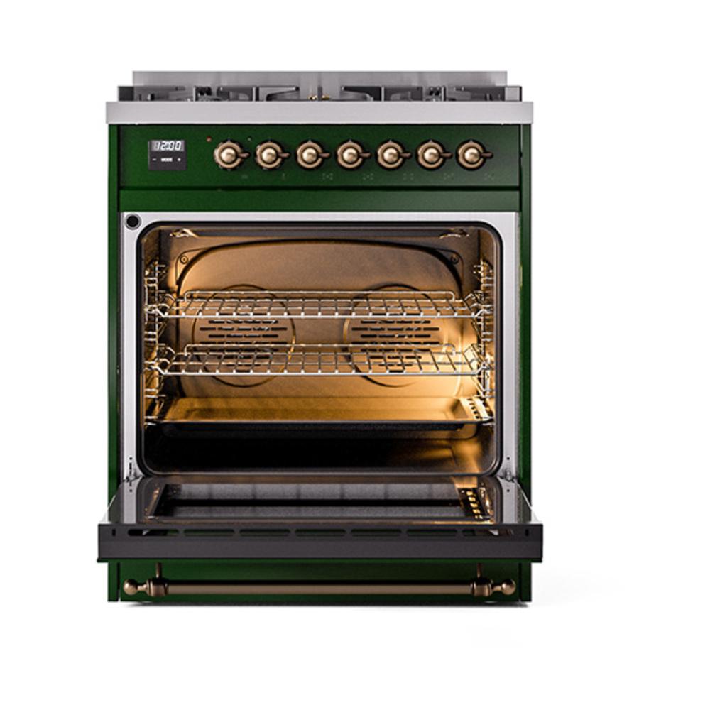 Ilve UN30QNMPEGB Ilve Un30Qnmpegb Nostalgie Ii Noblesse 30" Dual Fuel Range (Natural Gas, Solid Door, Emerald Green, Burnished)