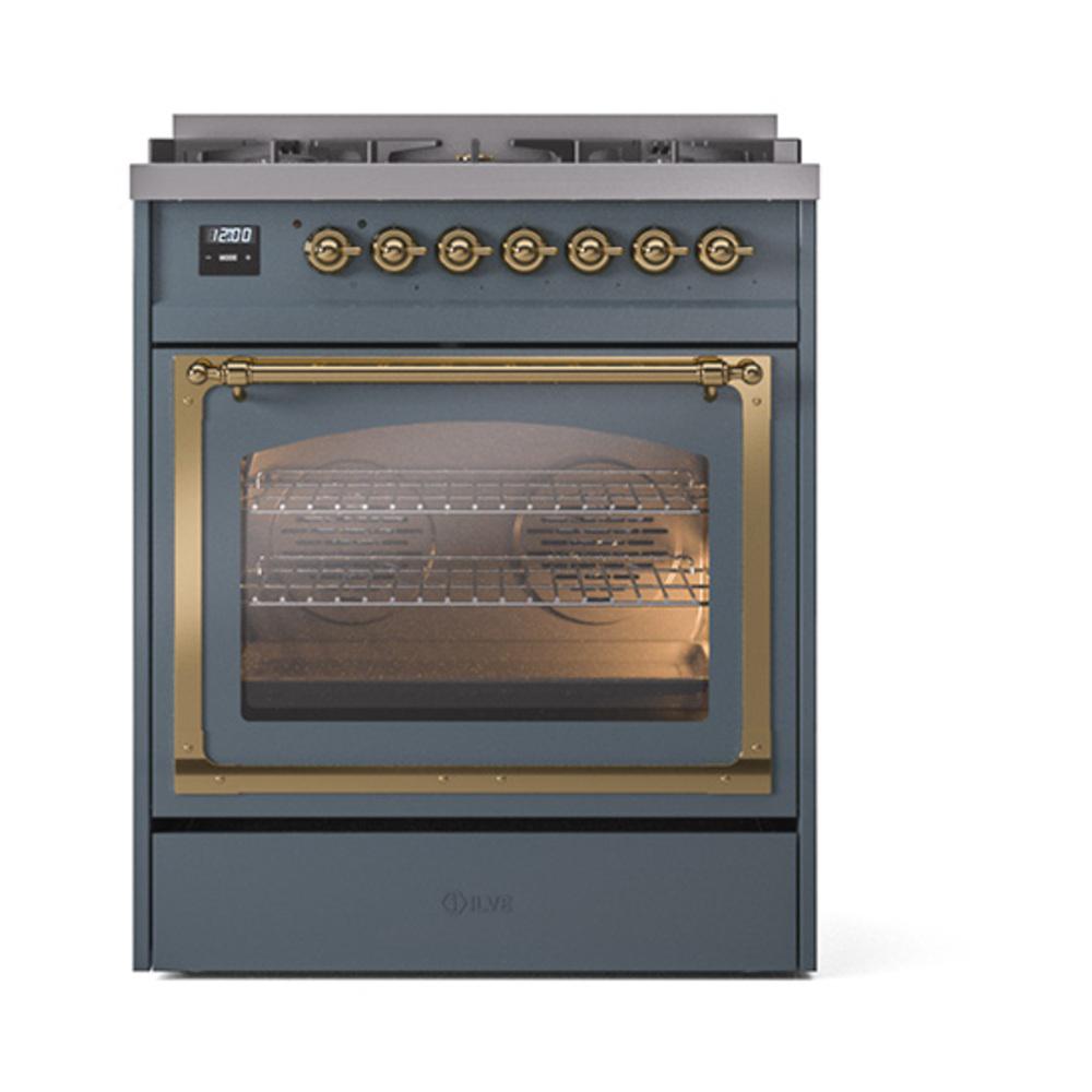 Ilve UN30NMPBGG Ilve Un30Nmpbgg Nostalgie Ii Noblesse 30" Dual Fuel Range (Natural Gas, Triple Glass Door, Blue Grey, Brass)