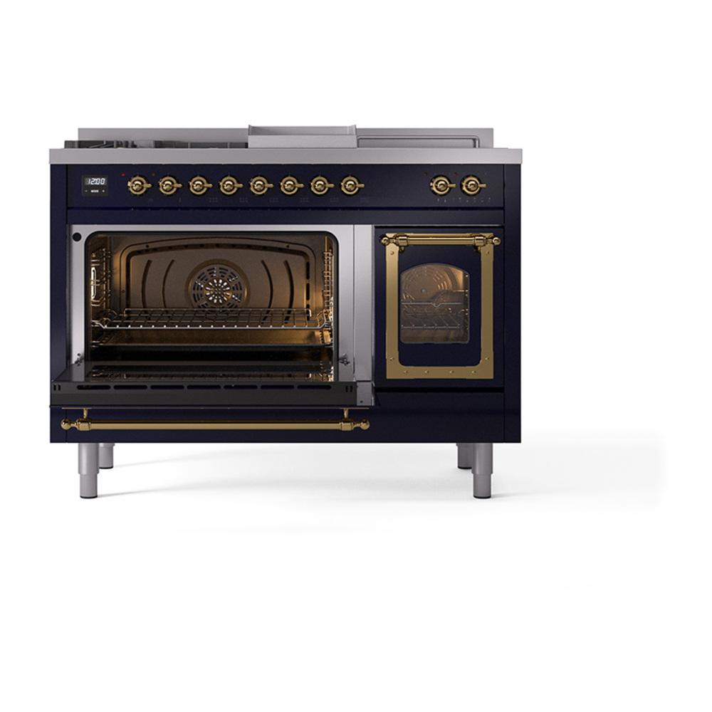 Ilve UN48FSNMPMBGLP Ilve Un48Fsnmpmbglp Nostalgie Ii Noblesse 48" Dual Fuel Range (5 Sealed Burners + Griddle + French Top, Liquid Propane, Triple Glass Door, Midnight Blue, Brass)