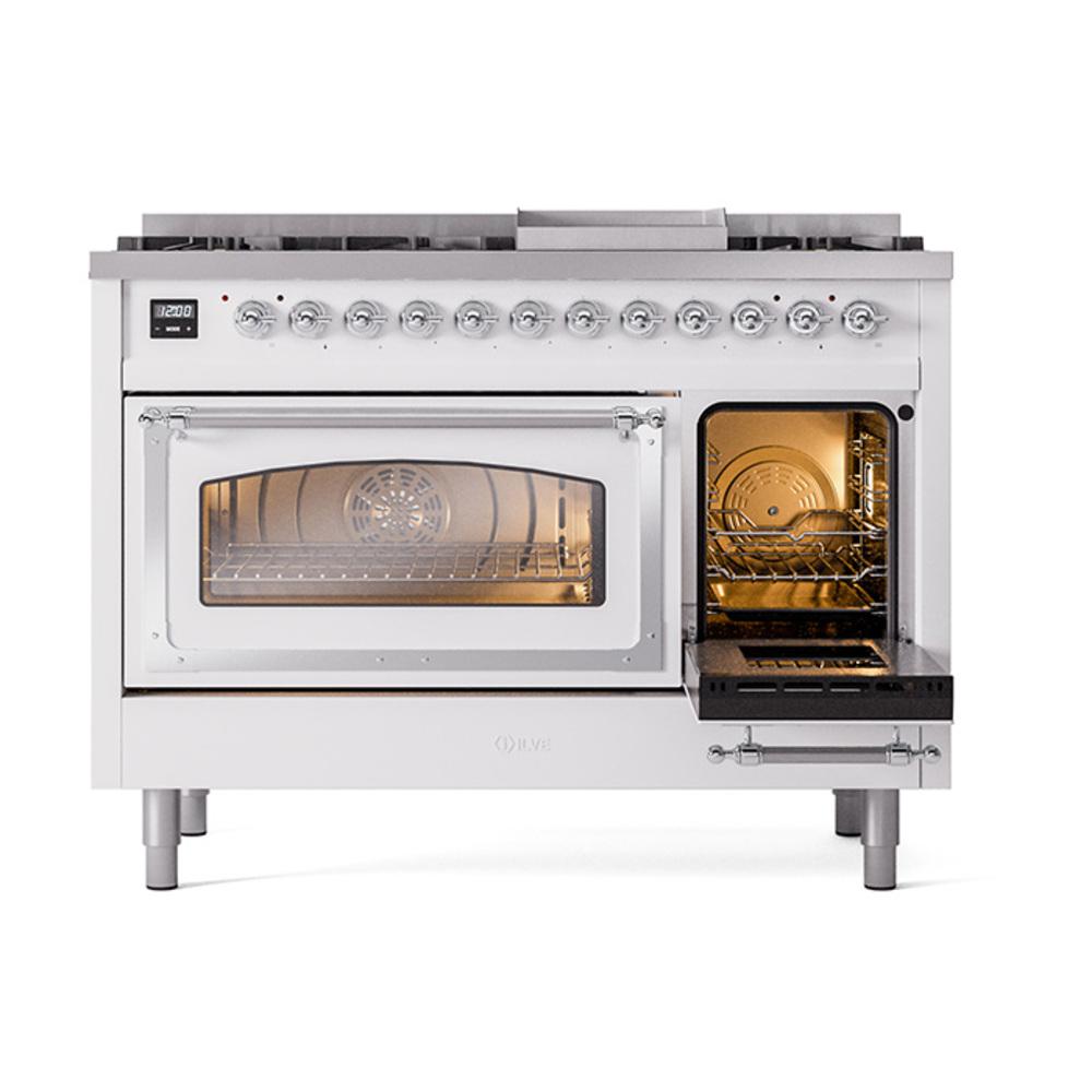 Ilve UN48FNMPRAC Ilve Un48Fnmprac Nostalgie Ii Noblesse 48" Dual Fuel Range (8 Sealed Burners + Griddle, Natural Gas, Triple Glass Door, Ral, Chrome)