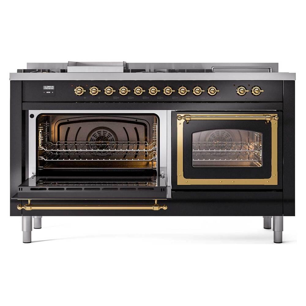 Ilve UN60FSNMPBKG Ilve Un60Fsnmpbkg Nostalgie Ii Noblesse 60" Dual Fuel Range (7 Sealed Burners + Griddle + French Top, Natural Gas, Triple Glass Door, Glossy Black, Brass)