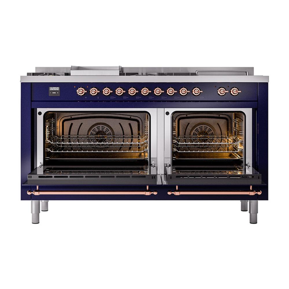 Ilve UN60FSQNMPMBP Ilve Un60Fsqnmpmbp Nostalgie Ii Noblesse 60" Dual Fuel Range (7 Sealed Burners + Griddle + French Top, Natural Gas, Solid Door, Midnight Blue, Copper)