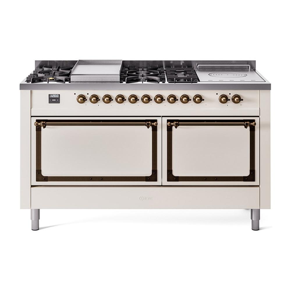 Ilve UN60FSQNMPAWB Ilve Un60Fsqnmpawb Nostalgie Ii Noblesse 60" Dual Fuel Range (7 Sealed Burners + Griddle + French Top, Natural Gas, Solid Door, Antique White, Burnished)