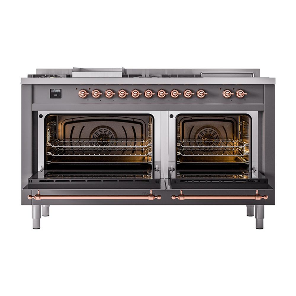 Ilve UN60FSNMPMGPLP Ilve Un60Fsnmpmgplp Nostalgie Ii Noblesse 60" Dual Fuel Range (7 Sealed Burners + Griddle + French Top, Liquid Propane, Triple Glass Door, Graphite Matte, Copper)