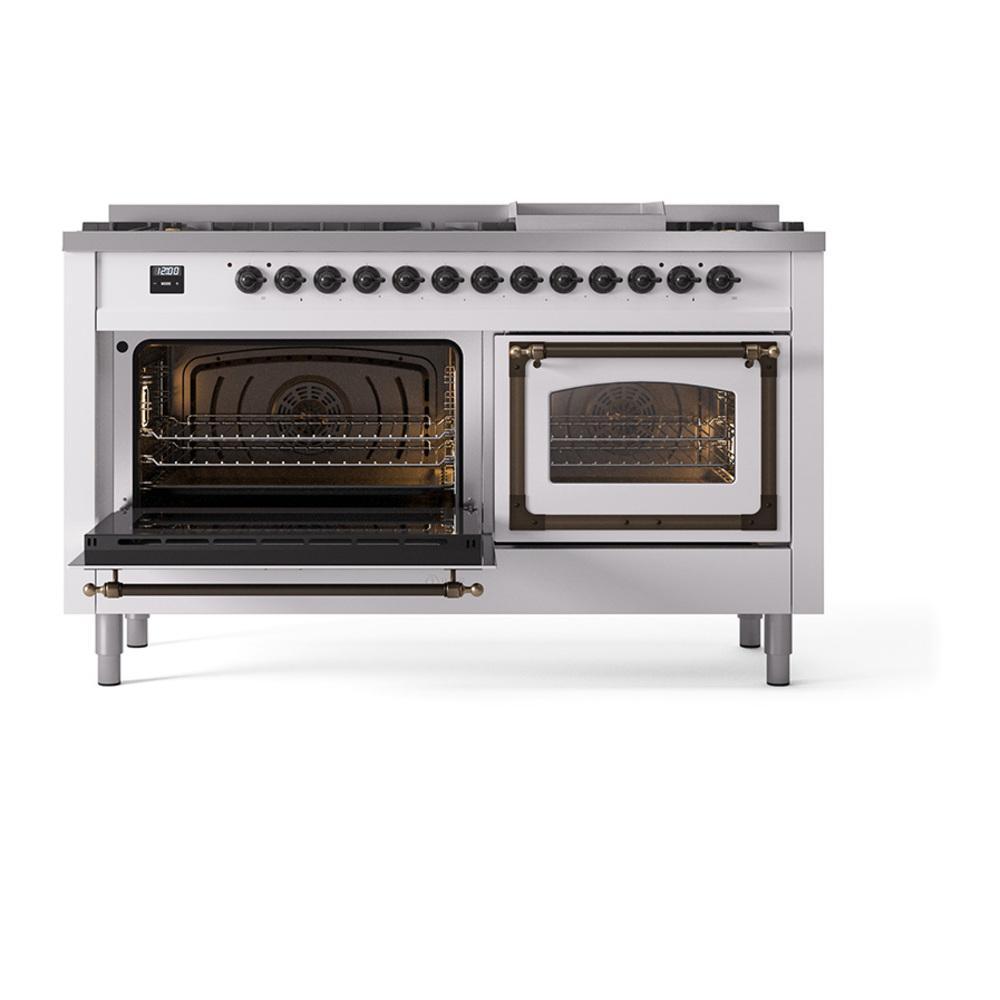 Ilve UN60FNMPWHB Ilve Un60Fnmpwhb Nostalgie Ii Noblesse 60" Dual Fuel Range (9 Sealed Burners + Griddle, Natural Gas, Triple Glass Door, White, Burnished)