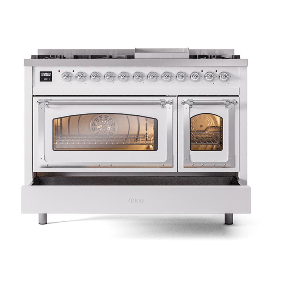 Ilve UN48FNMPWHC Ilve Un48Fnmpwhc Nostalgie Ii Noblesse 48" Dual Fuel Range (8 Sealed Burners + Griddle, Natural Gas, Triple Glass Door, White, Chrome)