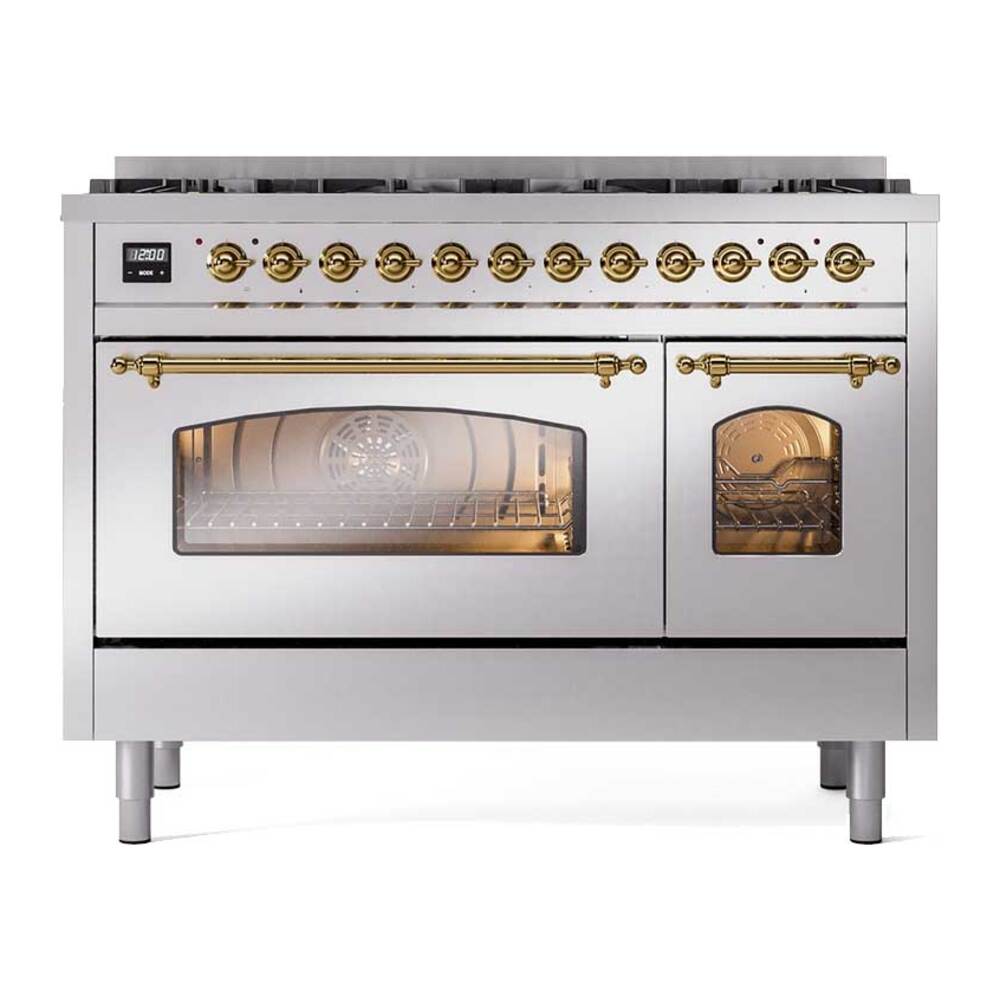 Ilve UP488NMPSSG Ilve Up488Nmpssg Nostalgie Ii 48 Inch Dual Fuel Range With 8 Total Black Brass Sealed Burners, Brass Trim (Limited Edition) (Natural Gas, Stainless Steel)