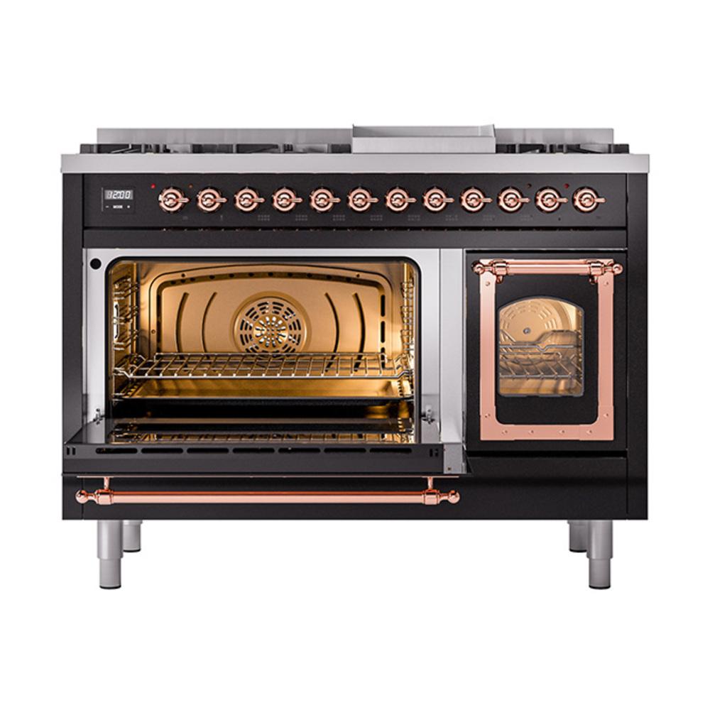 Ilve UN48FNMPBKP Ilve Un48Fnmpbkp Nostalgie Ii Noblesse 48" Dual Fuel Range (8 Sealed Burners + Griddle, Natural Gas, Triple Glass Door, Glossy Black, Copper)