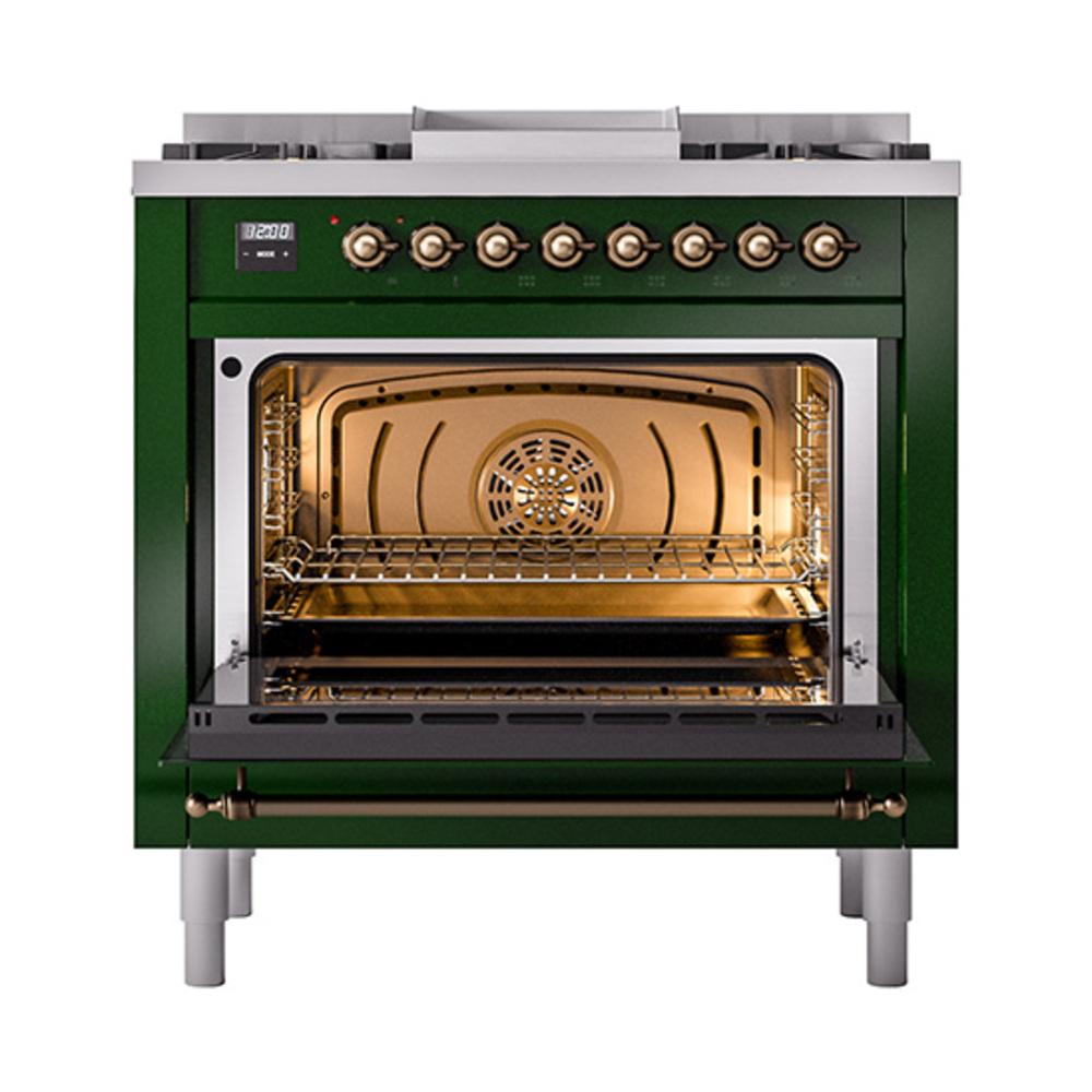 Ilve UN36FQNMPEGB Ilve Un36Fqnmpegb Nostalgie Ii Noblesse 36" Dual Fuel Range (Natural Gas, Solid Door, Emerald Green, Burnished)