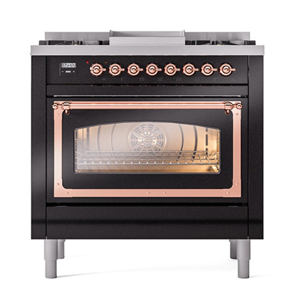 Ilve UN36FNMPBKP Ilve Un36Fnmpbkp Nostalgie Ii Noblesse 36" Dual Fuel Range (Natural Gas, Triple Glass Door, Glossy Black, Copper)