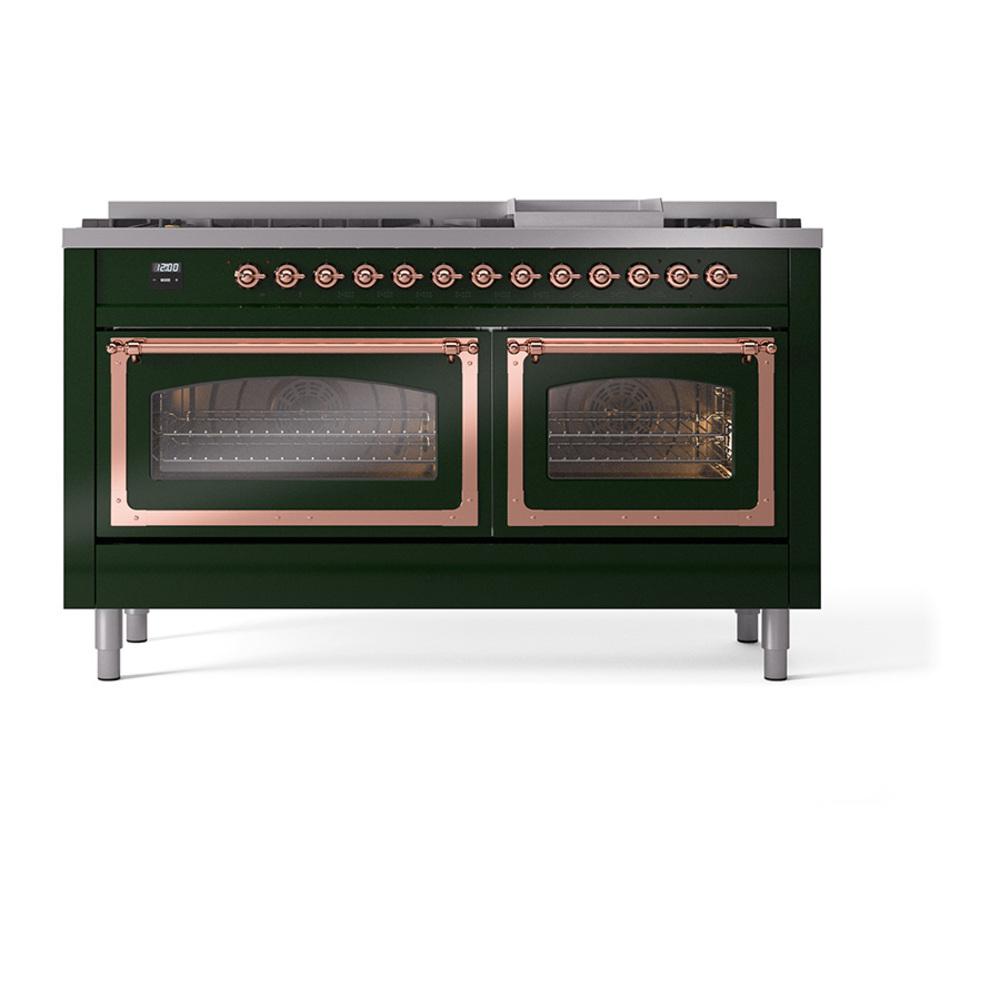 Ilve UN60FNMPEGPLP Ilve Un60Fnmpegplp Nostalgie Ii Noblesse 60" Dual Fuel Range (9 Sealed Burners + Griddle, Liquid Propane, Triple Glass Door, Emerald Green, Copper)