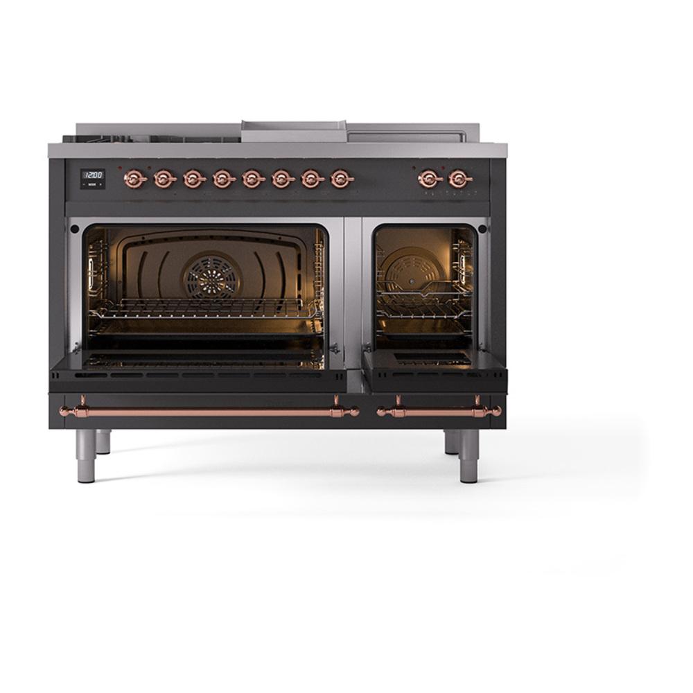 Ilve UN48FSQNMPMGPLP Ilve Un48Fsqnmpmgplp Nostalgie Ii Noblesse 48" Dual Fuel Range (5 Sealed Burners + Griddle + French Top, Liquid Propane, Solid Door, Graphite Matte, Copper)