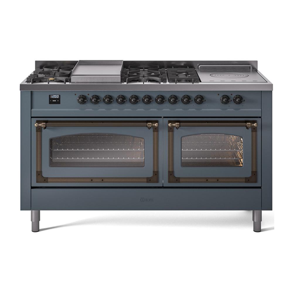 Ilve UN60FSNMPBGB Ilve Un60Fsnmpbgb Nostalgie Ii Noblesse 60" Dual Fuel Range (7 Sealed Burners + Griddle + French Top, Natural Gas, Triple Glass Door, Blue Grey, Burnished)