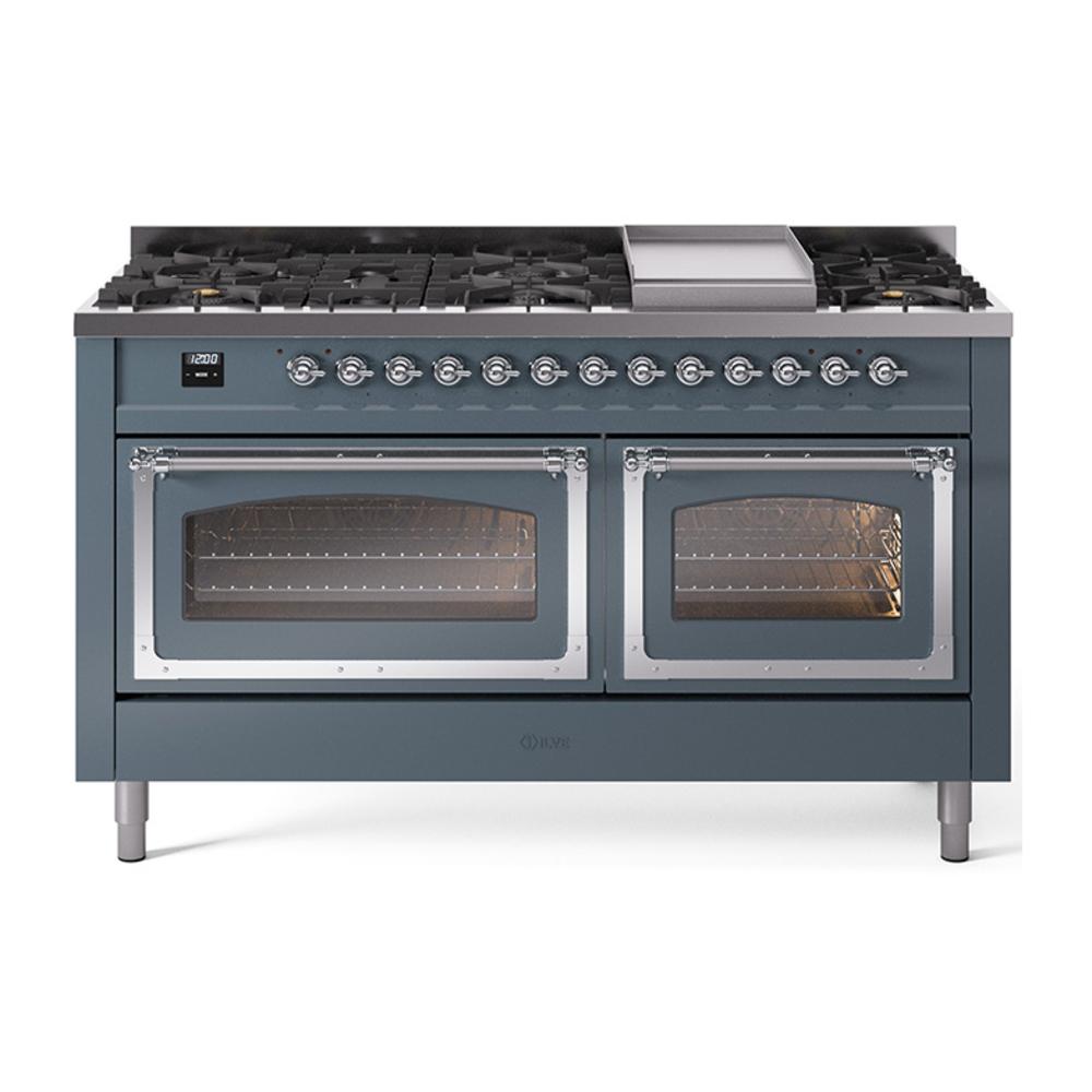 Ilve UN60FNMPBGCLP Ilve Un60Fnmpbgclp Nostalgie Ii Noblesse 60" Dual Fuel Range (9 Sealed Burners + Griddle, Liquid Propane, Triple Glass Door, Blue Grey, Chrome)