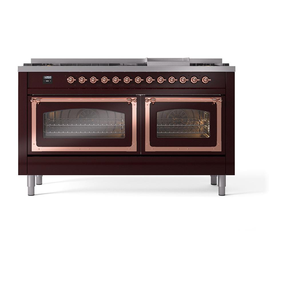 Ilve UN60FNMPBUP Ilve Un60Fnmpbup Nostalgie Ii Noblesse 60" Dual Fuel Range (9 Sealed Burners + Griddle, Natural Gas, Triple Glass Door, Burgundy, Copper)