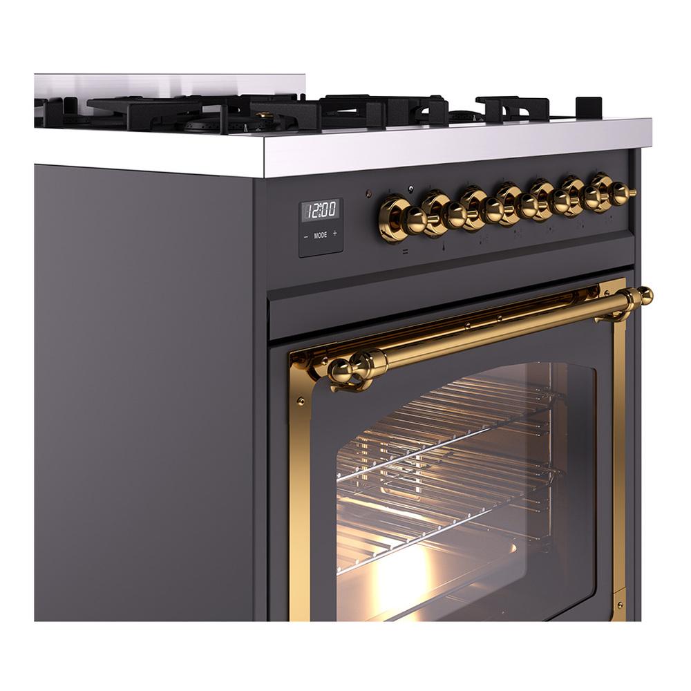 Ilve UN30NMPMGG Ilve Un30Nmpmgg Nostalgie Ii Noblesse 30" Dual Fuel Range (Natural Gas, Triple Glass Door, Graphite Matte, Brass)