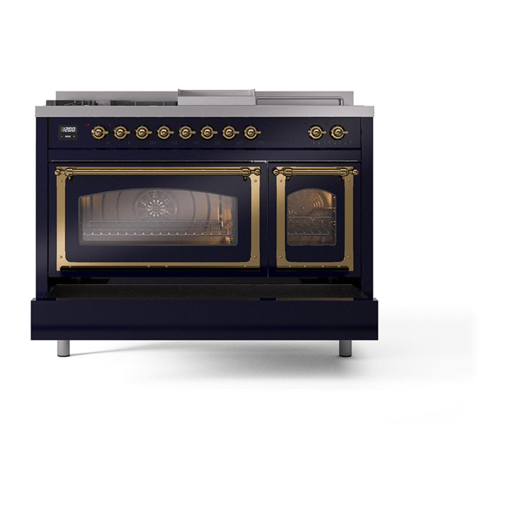 Ilve UN48FSNMPMBGLP Ilve Un48Fsnmpmbglp Nostalgie Ii Noblesse 48" Dual Fuel Range (5 Sealed Burners + Griddle + French Top, Liquid Propane, Triple Glass Door, Midnight Blue, Brass)
