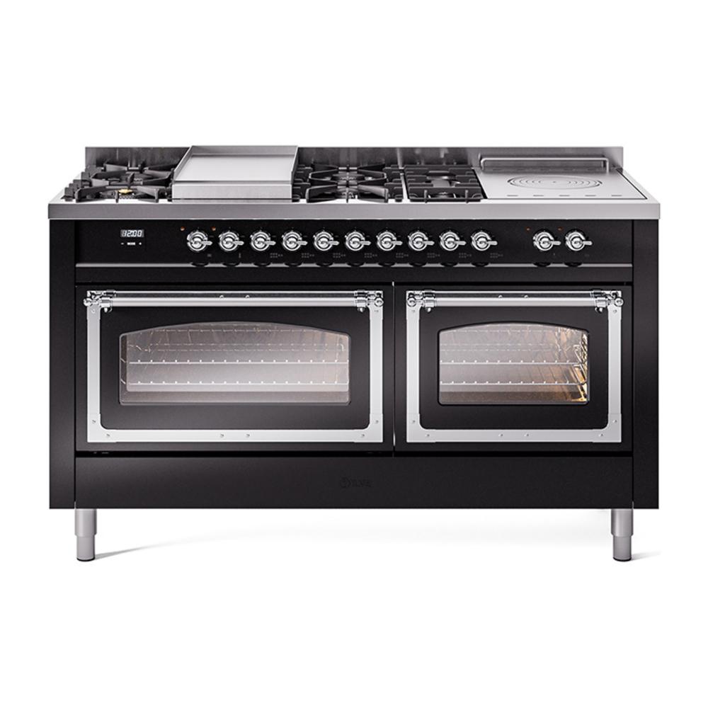 Ilve UN60FSNMPBKCLP Ilve Un60Fsnmpbkclp Nostalgie Ii Noblesse 60" Dual Fuel Range (7 Sealed Burners + Griddle + French Top, Liquid Propane, Triple Glass Door, Glossy Black, Chrome)