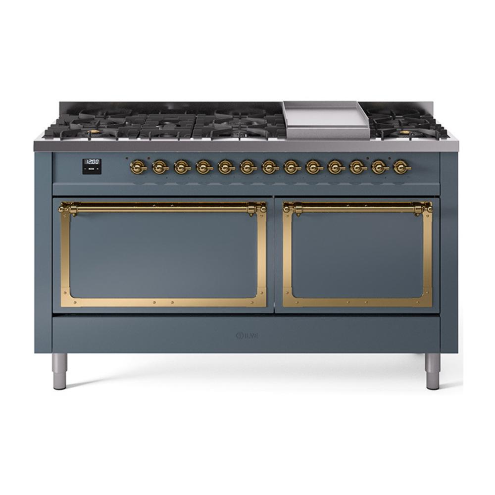 Ilve UN60FQNMPBGGLP Ilve Un60Fqnmpbgglp Nostalgie Ii Noblesse 60" Dual Fuel Range (9 Sealed Burners + Griddle, Liquid Propane, Solid Door, Blue Grey, Brass)
