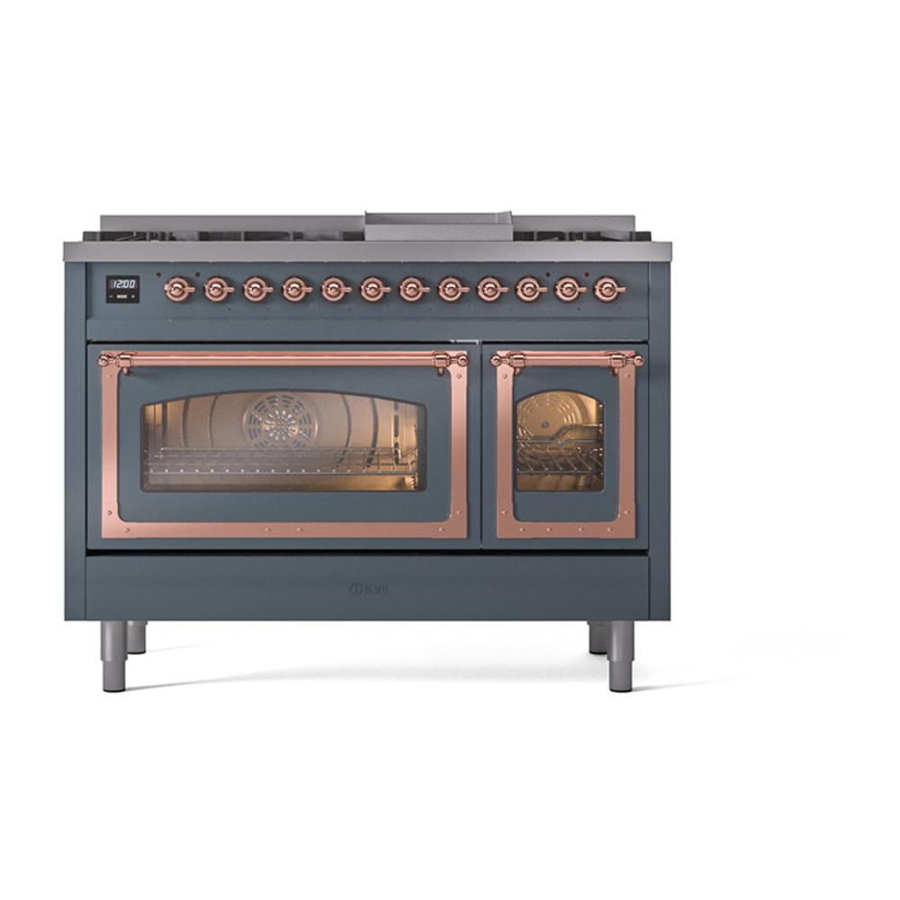 Ilve UN48FNMPBGP Ilve Un48Fnmpbgp Nostalgie Ii Noblesse 48" Dual Fuel Range (8 Sealed Burners + Griddle, Natural Gas, Triple Glass Door, Blue Grey, Copper)