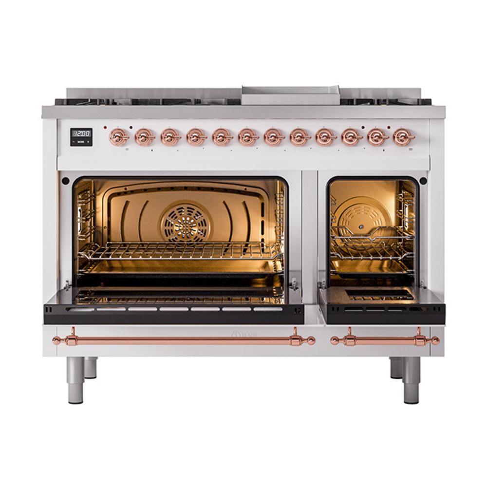 Ilve UN48FQNMPWHPLP Ilve Un48Fqnmpwhplp Nostalgie Ii Noblesse 48" Dual Fuel Range (8 Sealed Burners + Griddle, Liquid Propane, Solid Door, White, Copper)