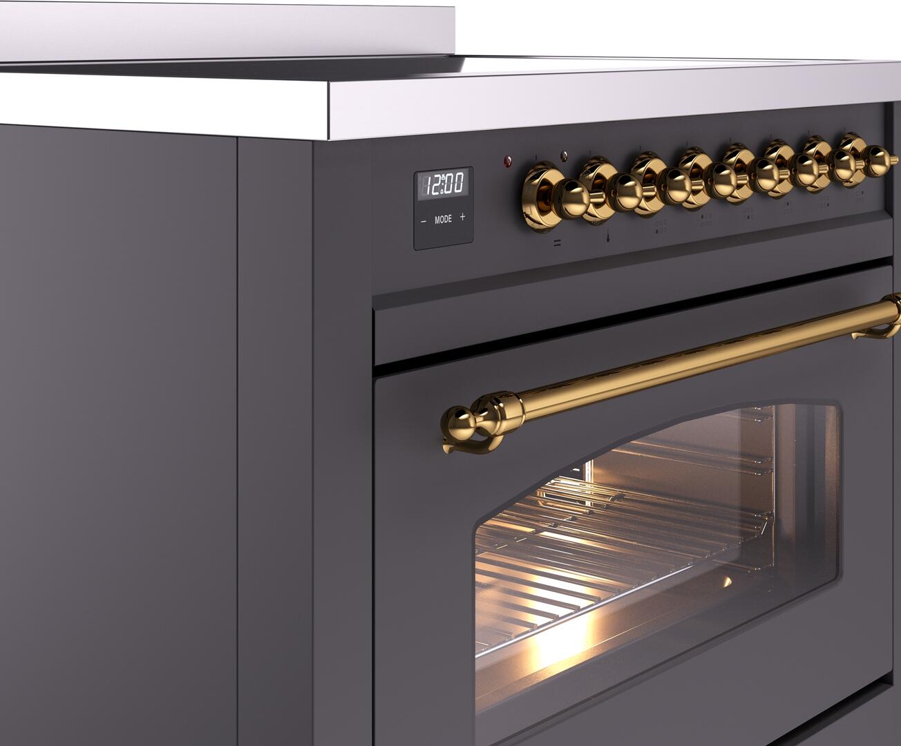 Ilve UPI366NMPMGG Nostalgie Ii 36 Inch Electric Freestanding Range In Matte Graphite With Brass Trim