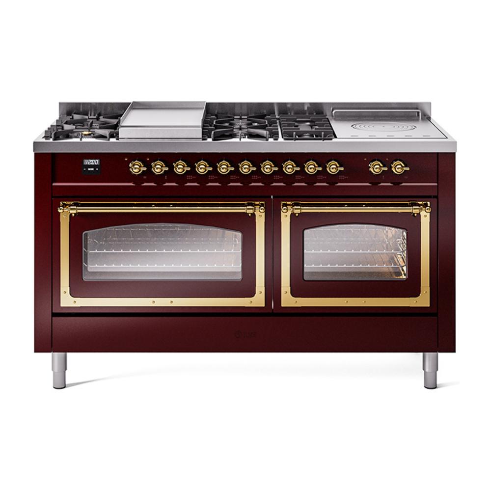 Ilve UN60FSNMPBUGLP Ilve Un60Fsnmpbuglp Nostalgie Ii Noblesse 60" Dual Fuel Range (7 Sealed Burners + Griddle + French Top, Liquid Propane, Triple Glass Door, Burgundy, Brass)