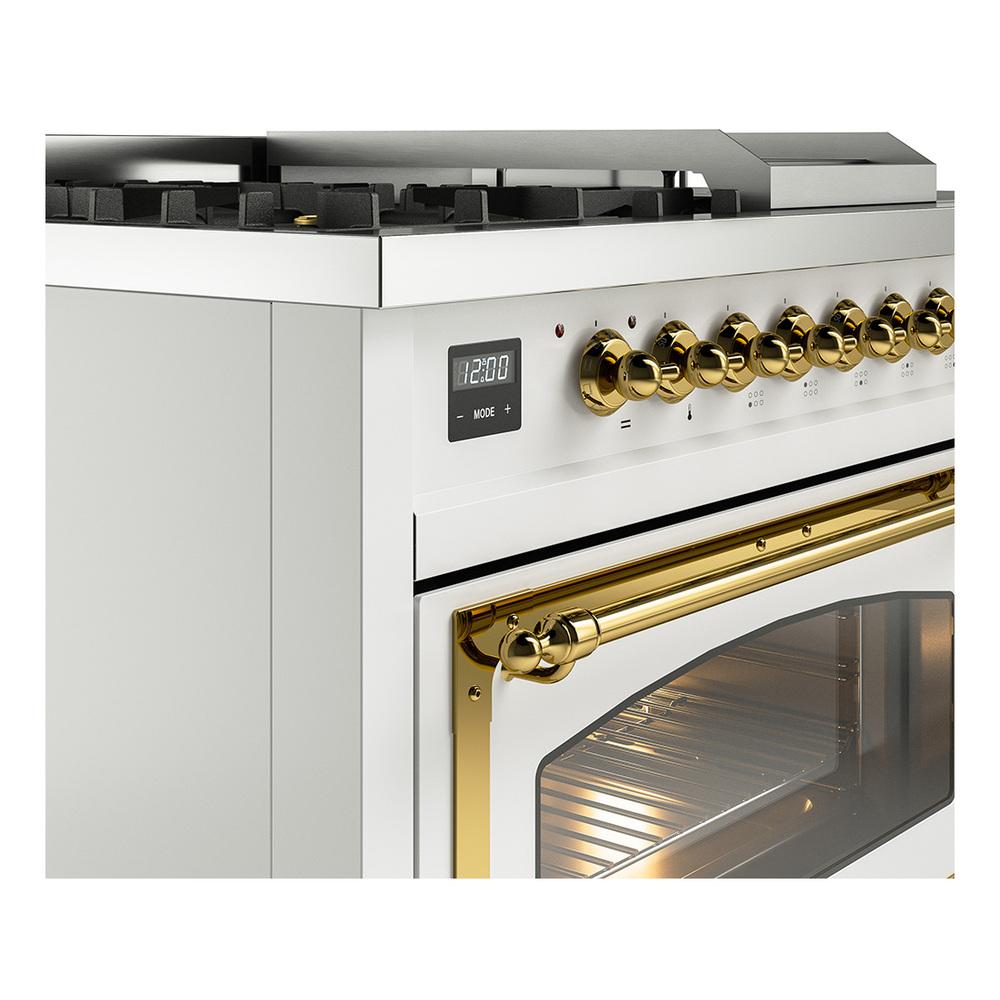 Ilve UN48FSNMPRAG Ilve Un48Fsnmprag Nostalgie Ii Noblesse 48" Dual Fuel Range (5 Sealed Burners + Griddle + French Top, Natural Gas, Triple Glass Door, Ral, Brass)