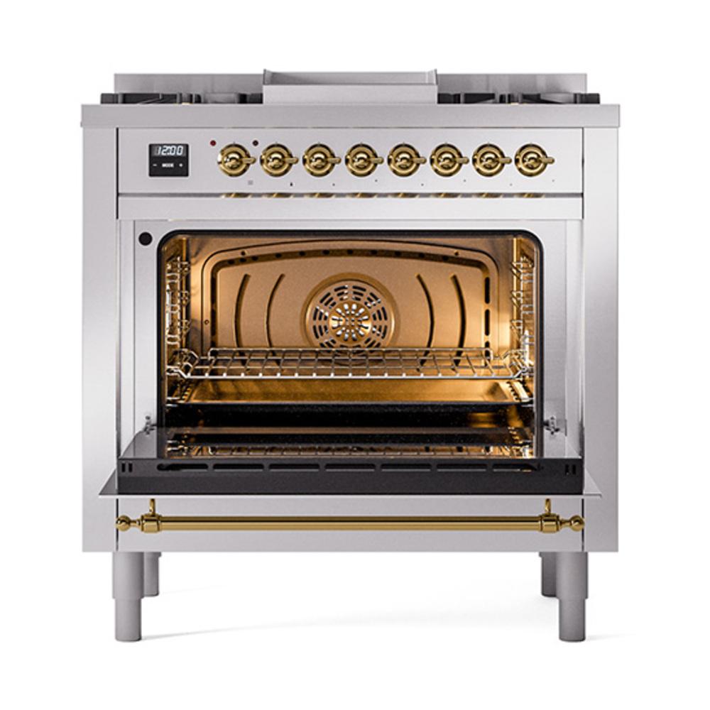 Ilve UN36FNMPSSG Ilve Un36Fnmpssg Nostalgie Ii Noblesse 36" Dual Fuel Range (Natural Gas, Triple Glass Door, Stainless Steel, Brass)