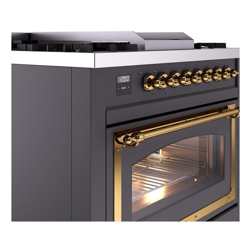 Ilve UN36FNMPMGGLP Ilve Un36Fnmpmgglp Nostalgie Ii Noblesse 36" Dual Fuel Range (Liquid Propane, Triple Glass Door, Graphite Matte, Brass)