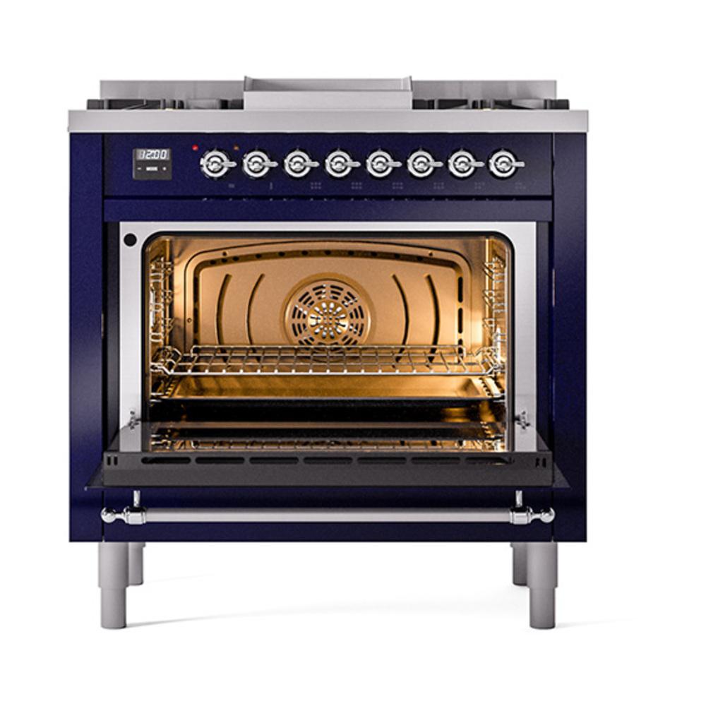 Ilve UN36FQNMPMBC Ilve Un36Fqnmpmbc Nostalgie Ii Noblesse 36" Dual Fuel Range (Natural Gas, Solid Door, Midnight Blue, Chrome)
