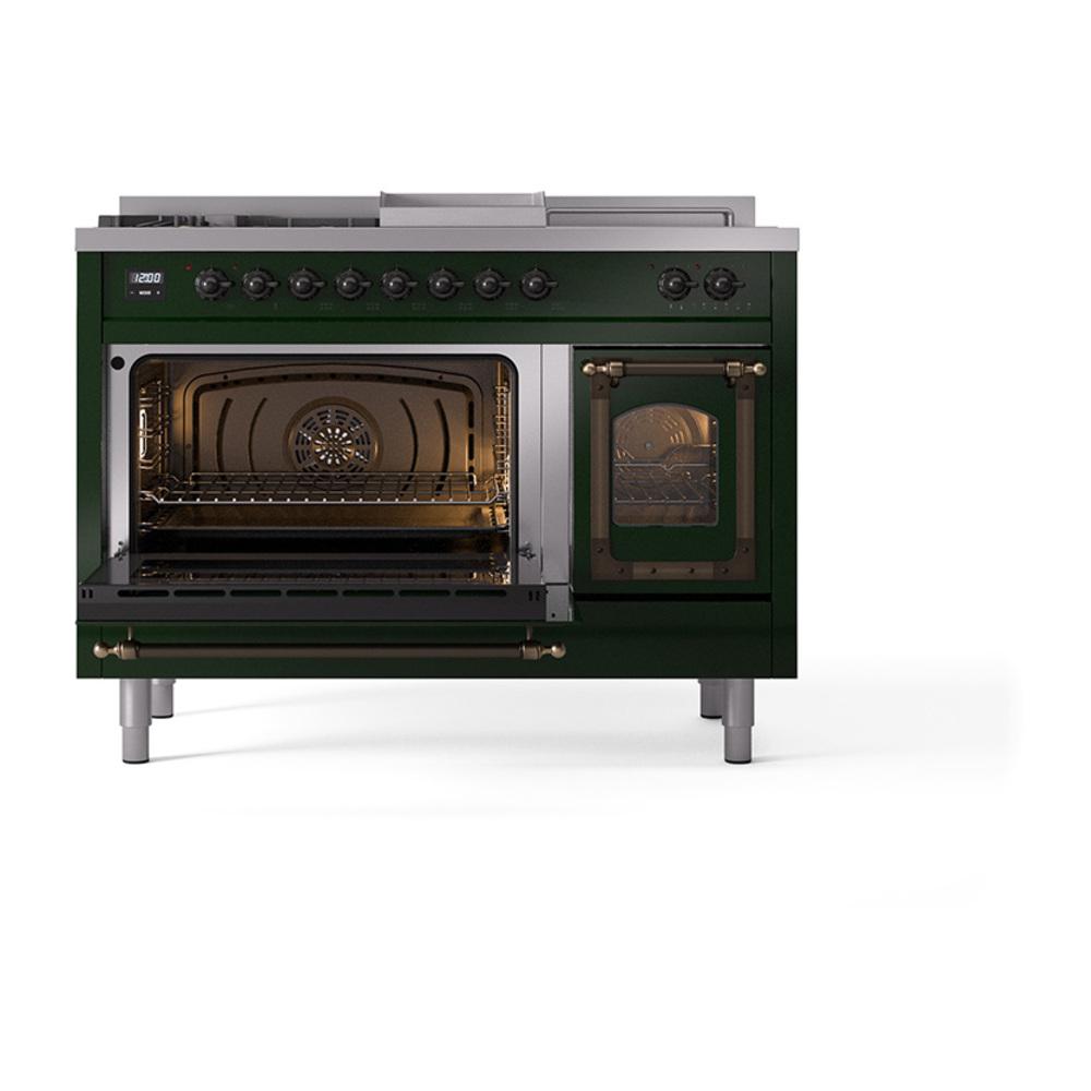 Ilve UN48FSNMPEGBLP Ilve Un48Fsnmpegblp Nostalgie Ii Noblesse 48" Dual Fuel Range (5 Sealed Burners + Griddle + French Top, Liquid Propane, Triple Glass Door, Emerald Green, Burnished)