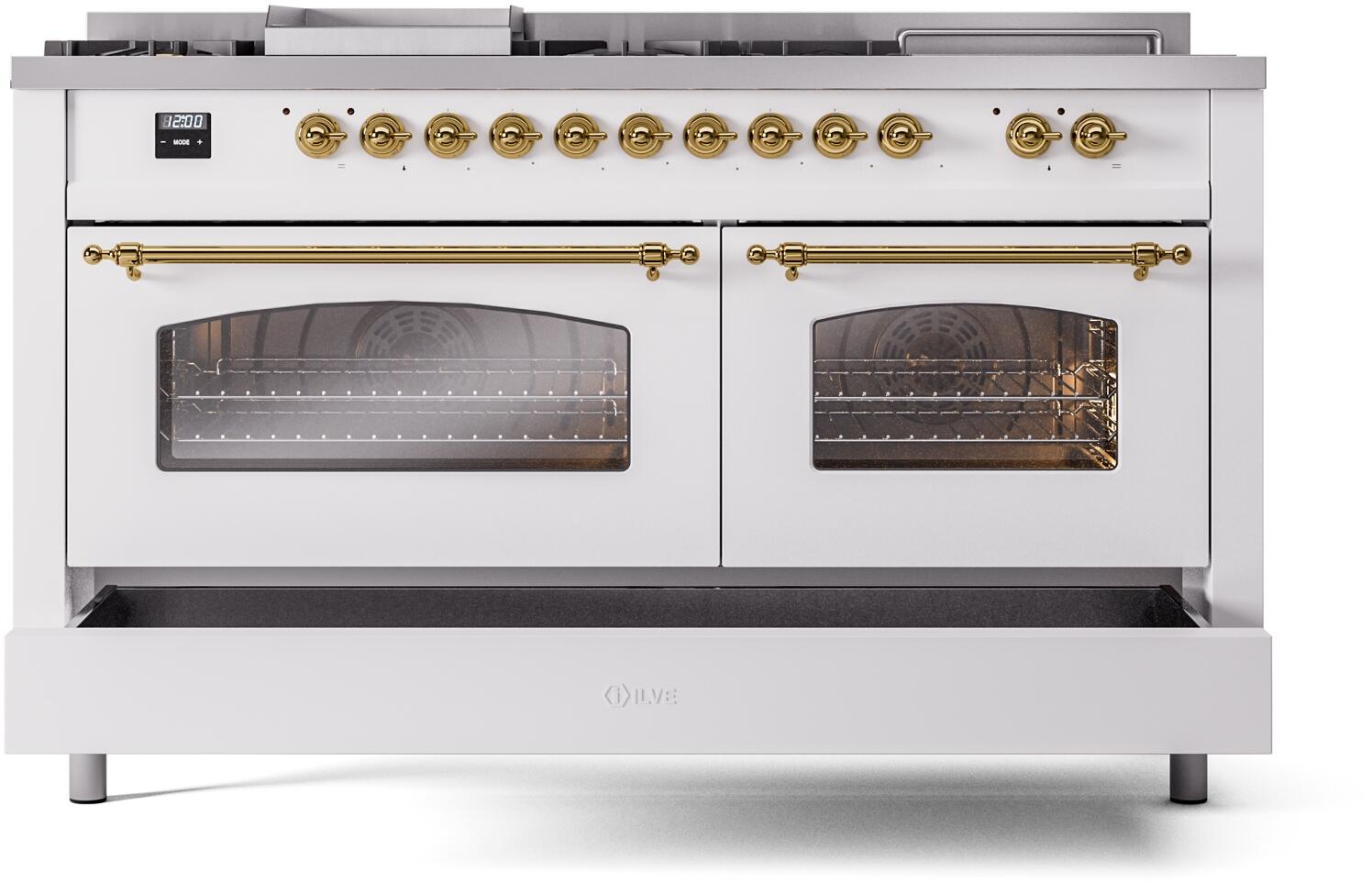 Ilve UP60FSNMPWHGLP Nostalgie Ii 60 Inch Dual Fuel Liquid Propane Freestanding Range In White With Brass Trim