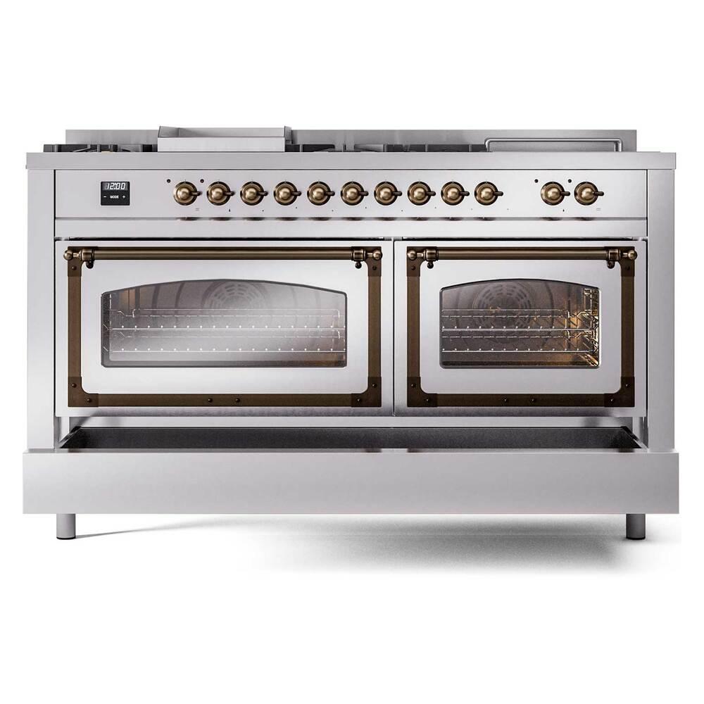 Ilve UN60FSNMPSSBLP Ilve Un60Fsnmpssblp Nostalgie Ii Noblesse 60" Dual Fuel Range (7 Sealed Burners + Griddle + French Top, Liquid Propane, Triple Glass Door, Stainless Steel, Burnished)