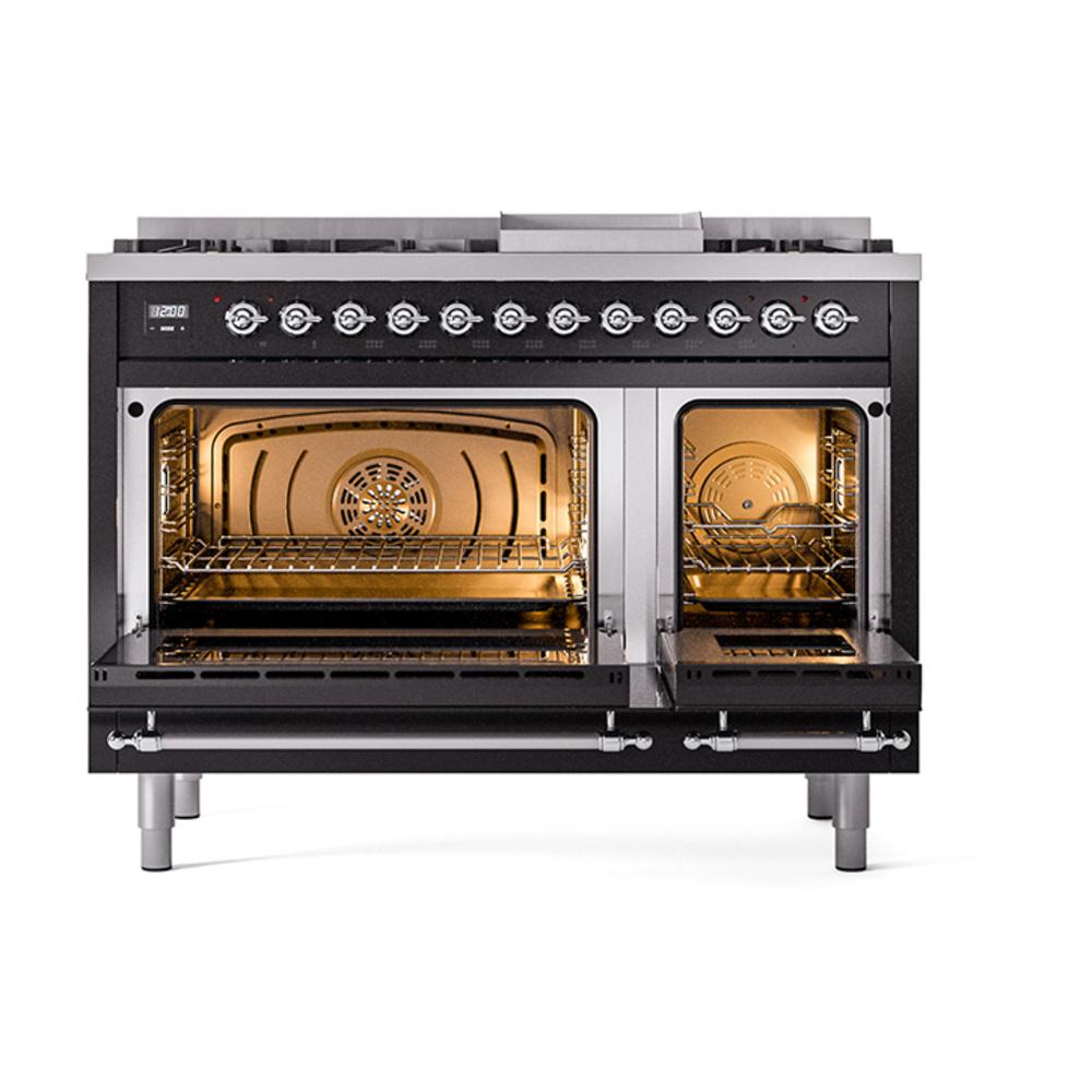 Ilve UN48FQNMPBKCLP Ilve Un48Fqnmpbkclp Nostalgie Ii Noblesse 48" Dual Fuel Range (8 Sealed Burners + Griddle, Liquid Propane, Solid Door, Glossy Black, Chrome)