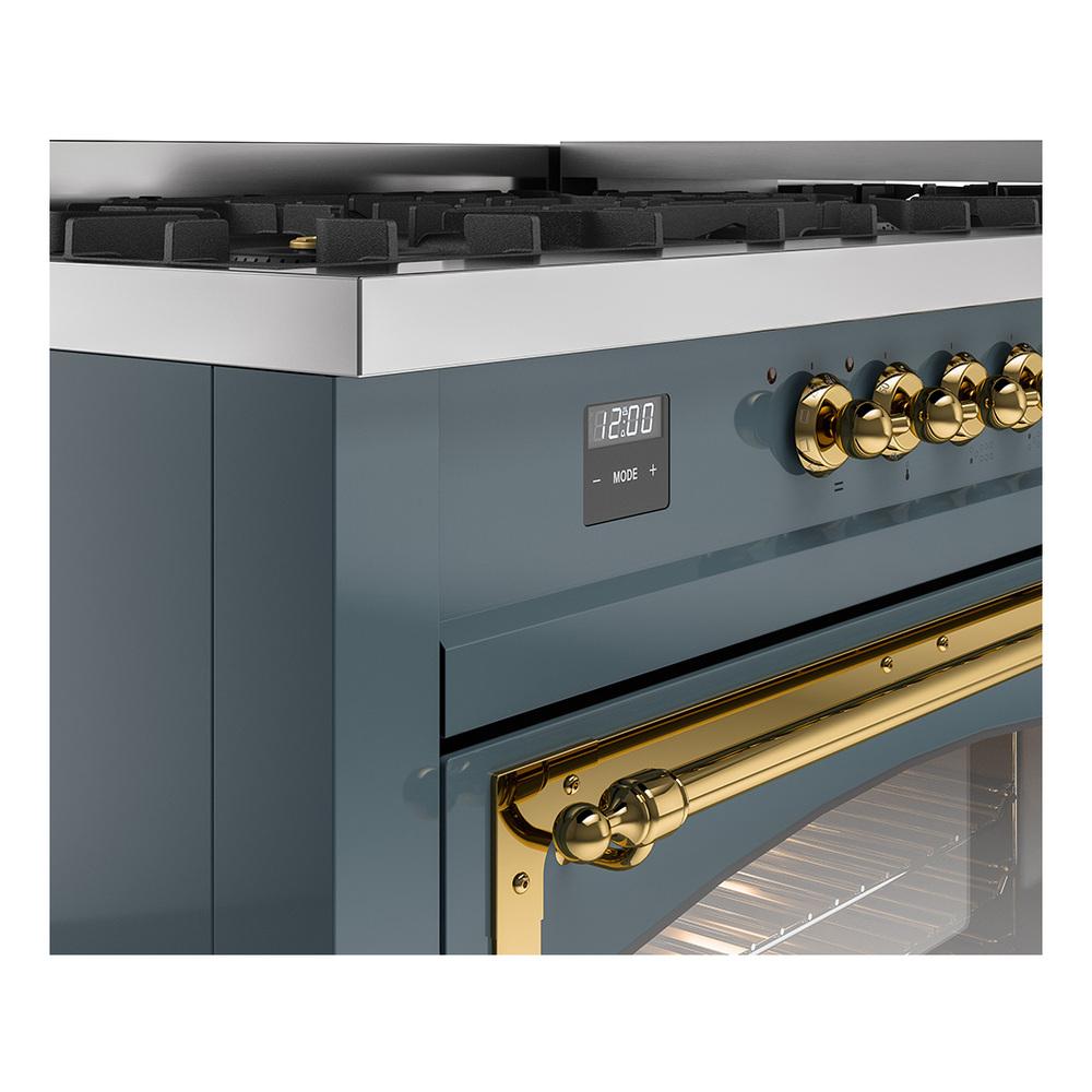 Ilve UN60FNMPBGGLP Ilve Un60Fnmpbgglp Nostalgie Ii Noblesse 60" Dual Fuel Range (9 Sealed Burners + Griddle, Liquid Propane, Triple Glass Door, Blue Grey, Brass)