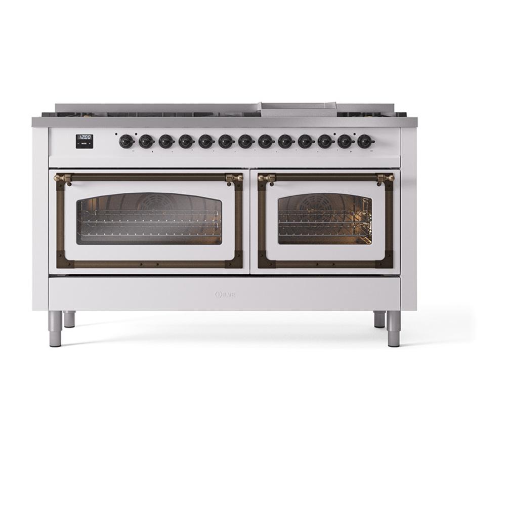 Ilve UN60FNMPWHB Ilve Un60Fnmpwhb Nostalgie Ii Noblesse 60" Dual Fuel Range (9 Sealed Burners + Griddle, Natural Gas, Triple Glass Door, White, Burnished)