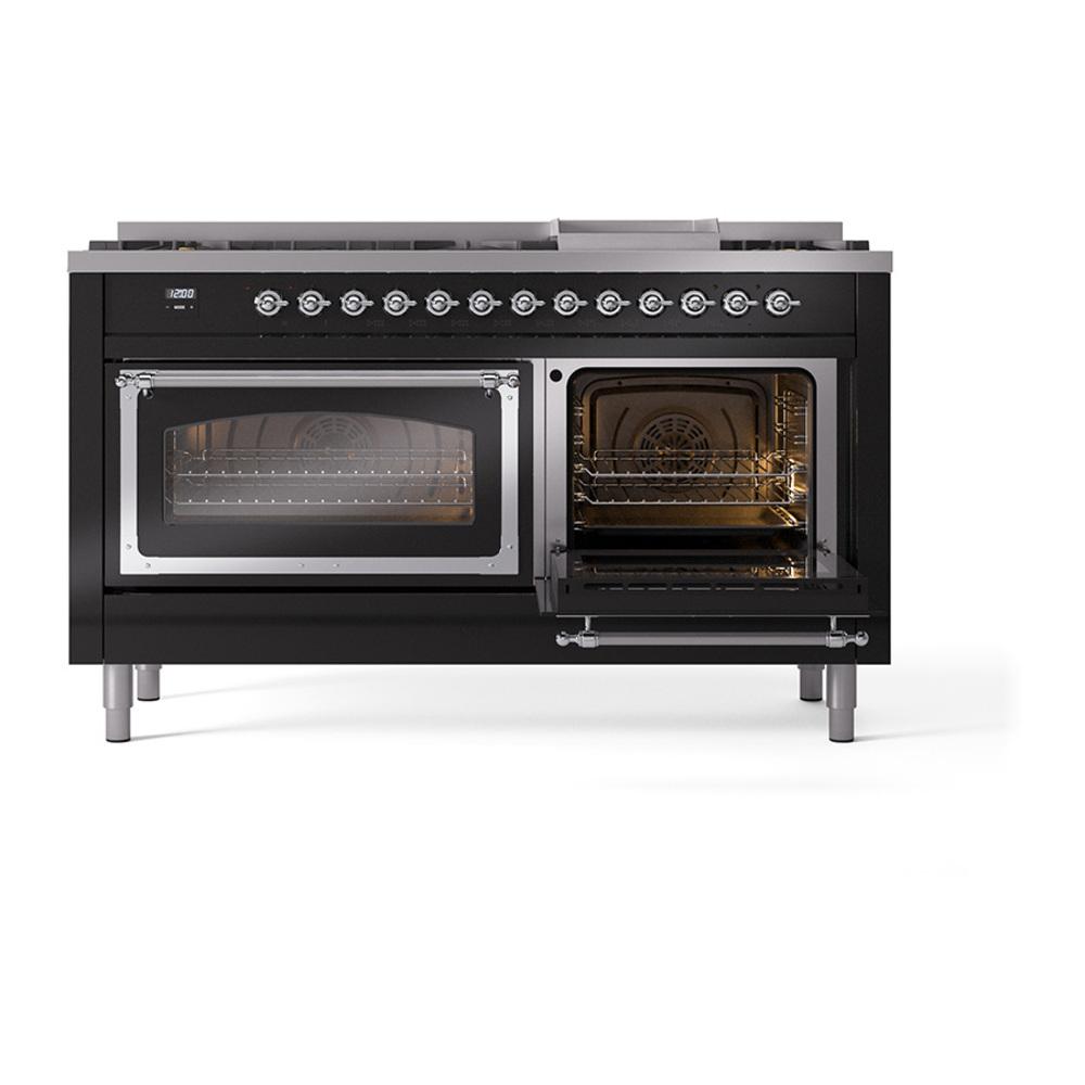 Ilve UN60FNMPBKCLP Ilve Un60Fnmpbkclp Nostalgie Ii Noblesse 60" Dual Fuel Range (9 Sealed Burners + Griddle, Liquid Propane, Triple Glass Door, Glossy Black, Chrome)