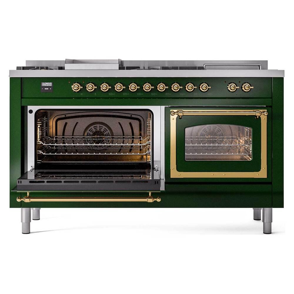 Ilve UN60FSNMPEGG Ilve Un60Fsnmpegg Nostalgie Ii Noblesse 60" Dual Fuel Range (7 Sealed Burners + Griddle + French Top, Natural Gas, Triple Glass Door, Emerald Green, Brass)