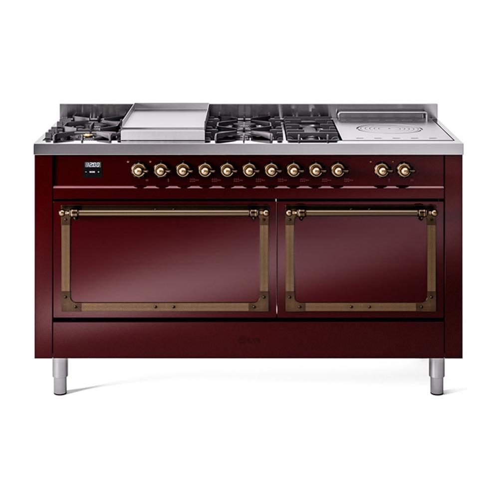 Ilve UN60FSQNMPBUB Ilve Un60Fsqnmpbub Nostalgie Ii Noblesse 60" Dual Fuel Range (7 Sealed Burners + Griddle + French Top, Natural Gas, Solid Door, Burgundy, Burnished)
