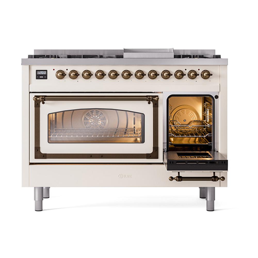 Ilve UN48FNMPAWB Ilve Un48Fnmpawb Nostalgie Ii Noblesse 48" Dual Fuel Range (8 Sealed Burners + Griddle, Natural Gas, Triple Glass Door, Antique White, Burnished)