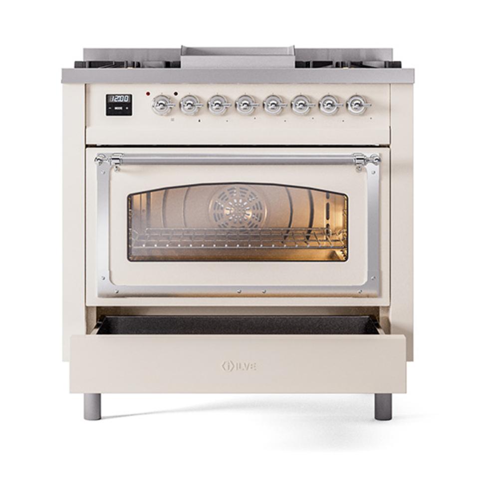 Ilve UN36FNMPAWCLP Ilve Un36Fnmpawclp Nostalgie Ii Noblesse 36" Dual Fuel Range (Liquid Propane, Triple Glass Door, Antique White, Chrome)