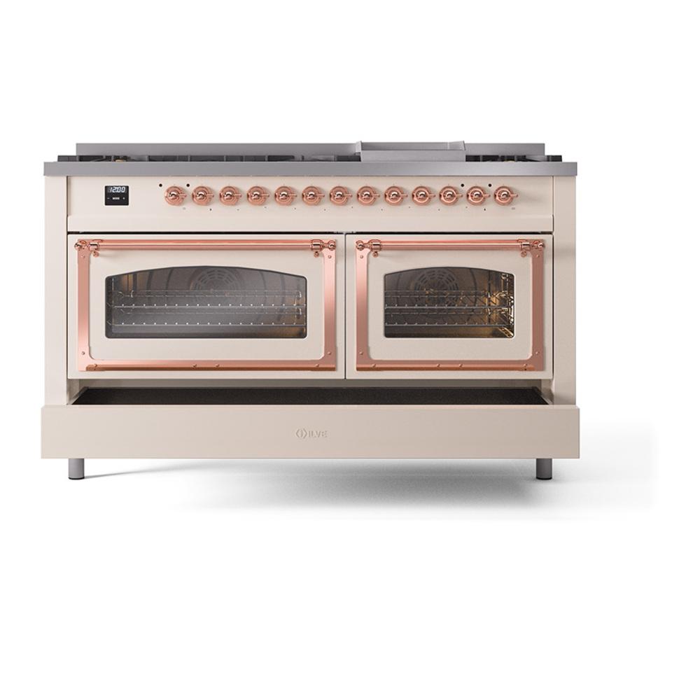 Ilve UN60FNMPAWP Ilve Un60Fnmpawp Nostalgie Ii Noblesse 60" Dual Fuel Range (9 Sealed Burners + Griddle, Natural Gas, Triple Glass Door, Antique White, Copper)