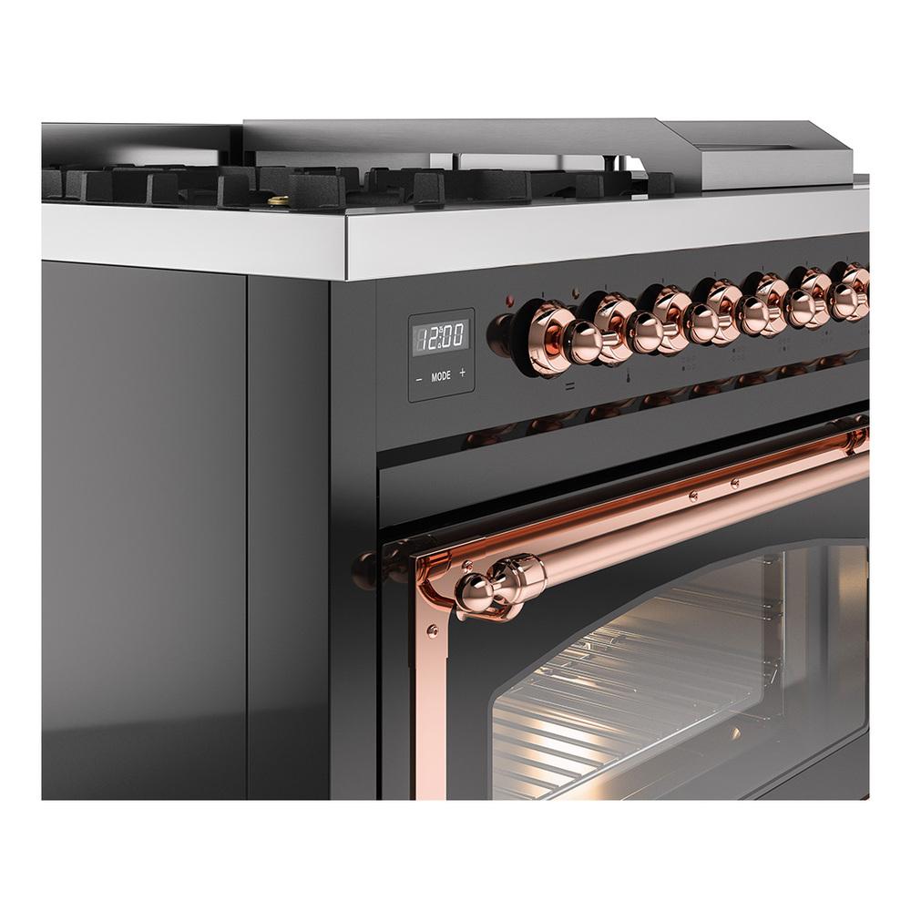Ilve UN48FSNMPBKP Ilve Un48Fsnmpbkp Nostalgie Ii Noblesse 48" Dual Fuel Range (5 Sealed Burners + Griddle + French Top, Natural Gas, Triple Glass Door, Glossy Black, Copper)